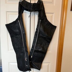 Black Leather Chaps with Silver Zipper Detail